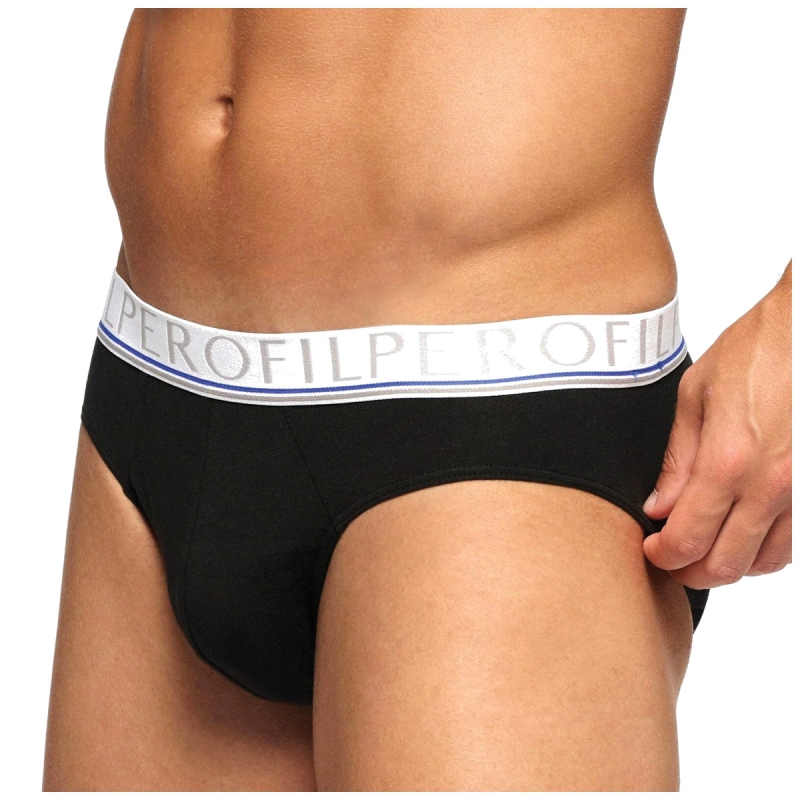 Dettaglio slip uomo nero Perofil con fascia logata, intimo uomo in cotone elasticizzato