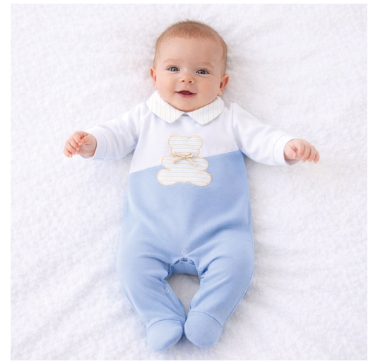 Baby boy cotton sleepsuit with embroidered teddy bear -... 2