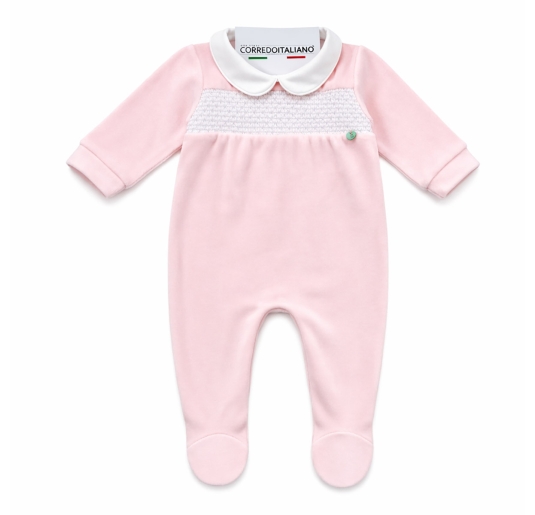 Embroidered velour baby sleepsuit with collar