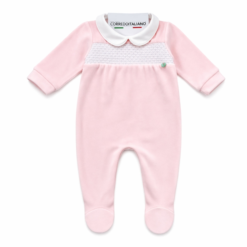 Embroidered velour baby sleepsuit with collar