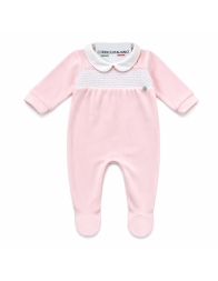 Embroidered velour baby sleepsuit with collar