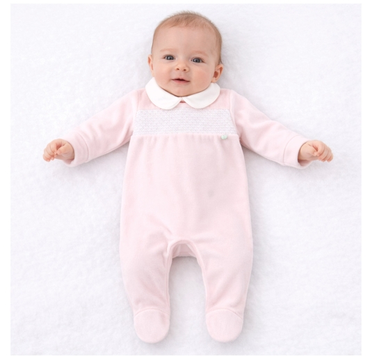 Embroidered velour baby sleepsuit with collar 2