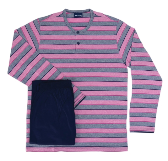 Perofil men cotton pajamas Henley striped with long pants 2