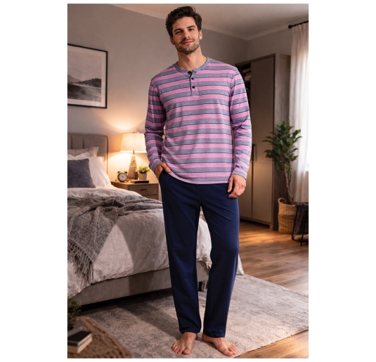 Pigiama uomo cotone Perofil serafino microriga con pantalone lungo