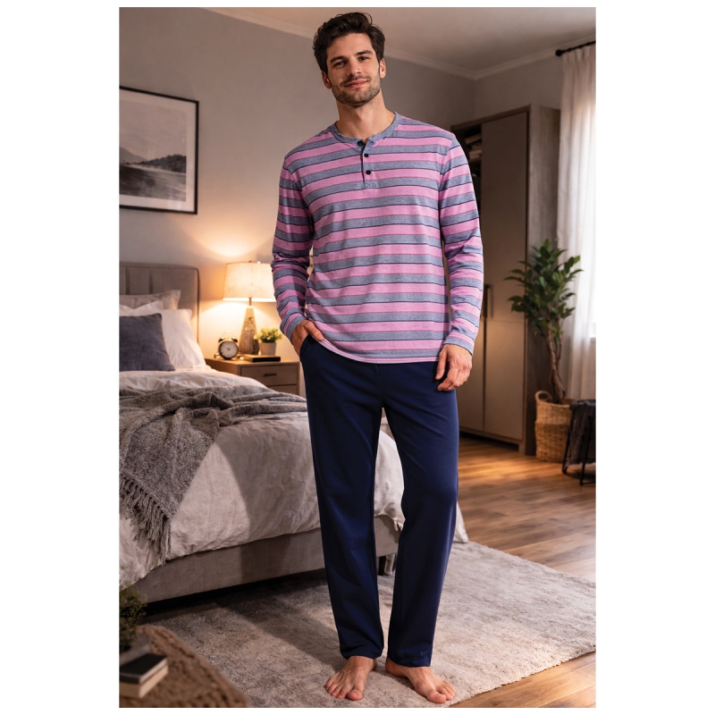 Pigiama uomo cotone Perofil serafino microriga con pantalone lungo