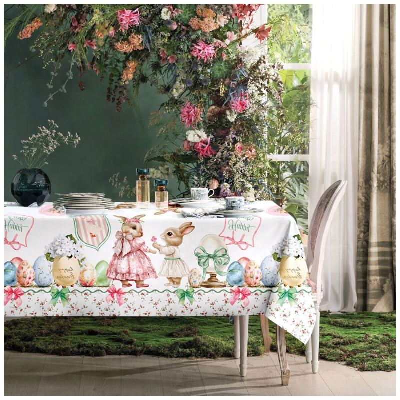 Tovaglia pasquale con coniglietti Amicizia in cotone con coniglietti e uova decorate