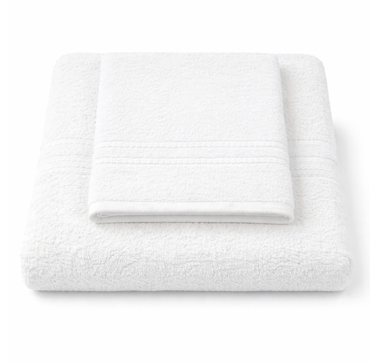White hotel towels set 500 GSM in pure cotton. Professional quality, ideal for hotels, B&Bs, spas and wellness centers.
