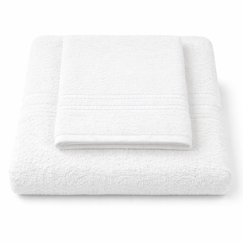 Set asciugamani hotel bianchi 500 GSM puro cotone. Alta qualità professionale per hotel, B&B, spa e centri benessere.
