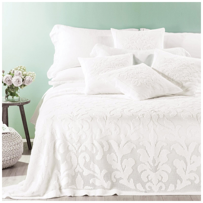 Copriletto matrimoniale Camogli Caleffi in cotone jacquard bianco con motivo floreale