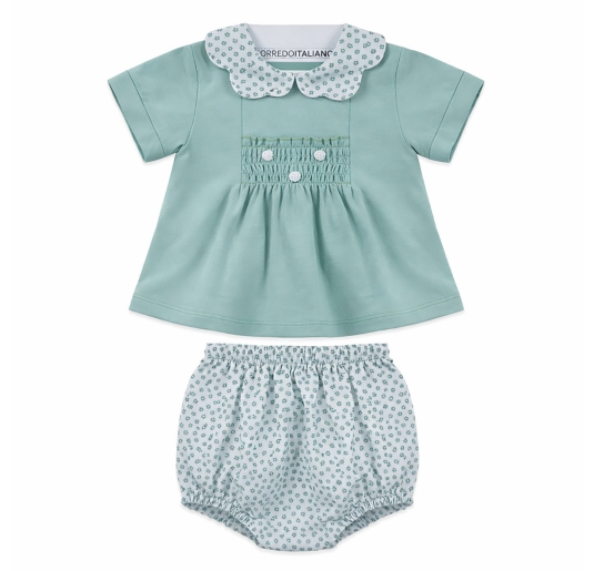Completino neonata cotone jersey Klaiadi con blusa verde e culotte floreale