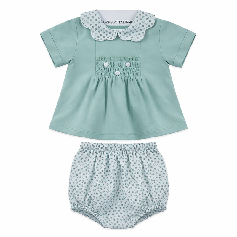 Baby girl cotton jersey outfit Klaiadi with green blouse and floral bloomers