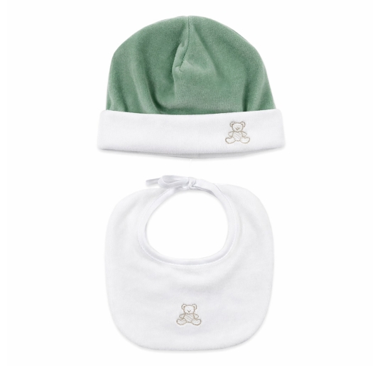 Baby hat and bib set in chenille with teddy bear embroidery