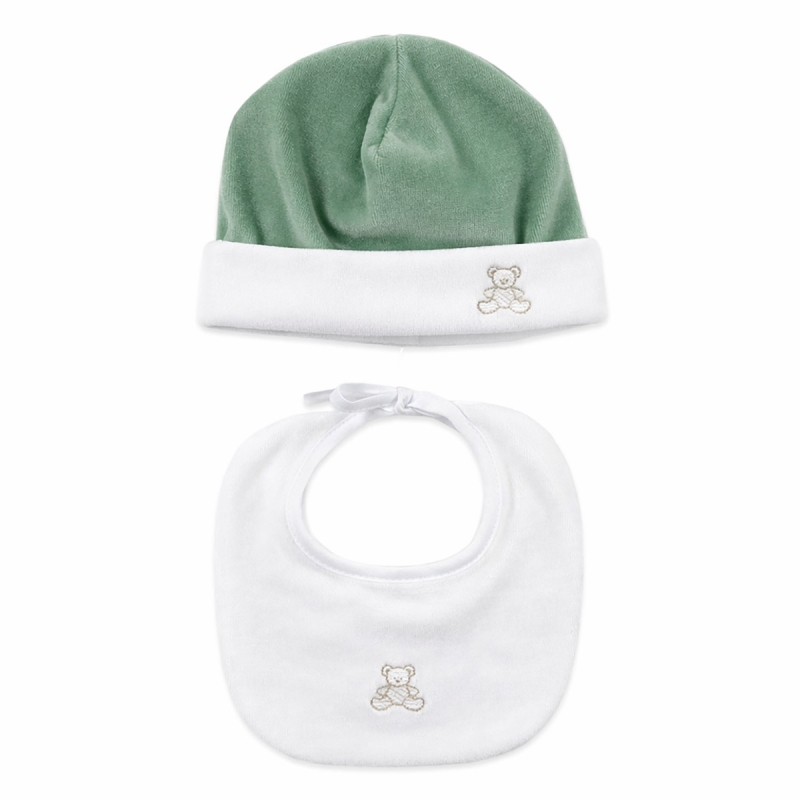 Baby hat and bib set in chenille with teddy bear embroidery
