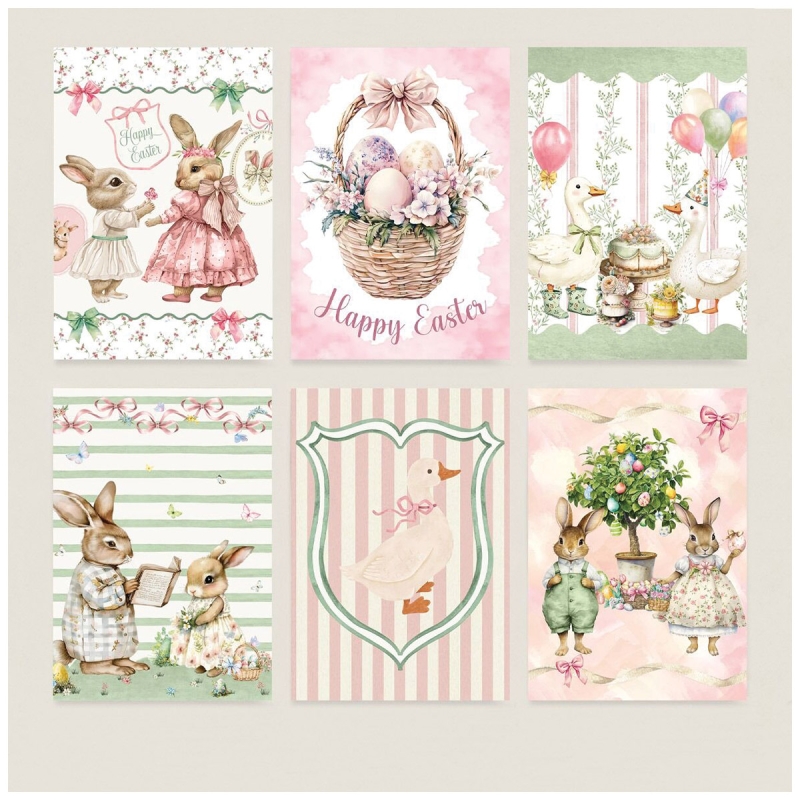 Cotton dish towels with Easter print featuring bunnies and floral motifs