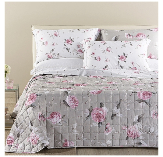 Double quilted cotton sateen bedspread Bella Rosa with floral print