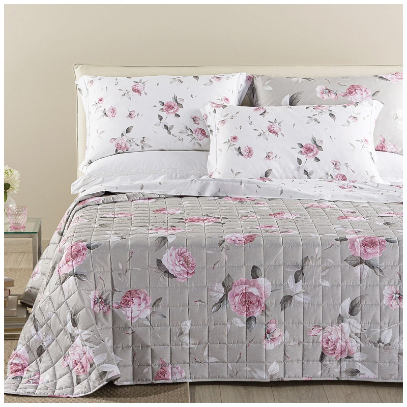 Double quilted cotton sateen bedspread Bella Rosa with floral print