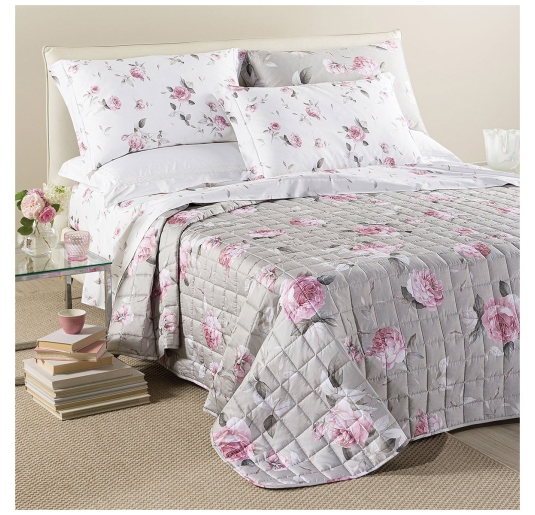 Double quilted cotton sateen bedspread Bella Rosa with floral print 2