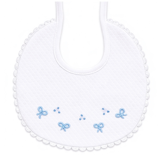 Hand embroidered cotton piqué baby bib with blue bows