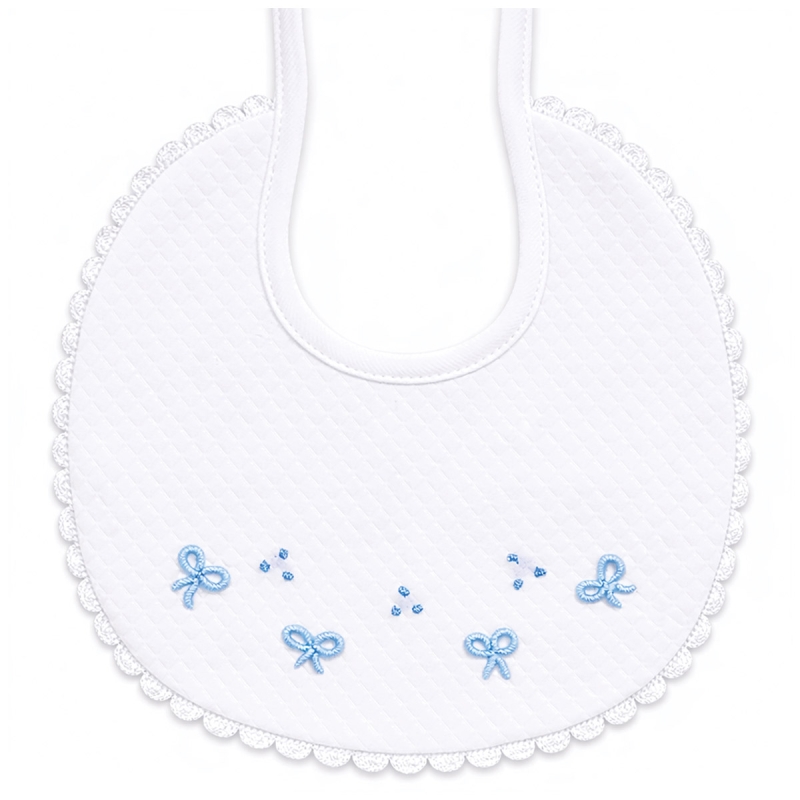 Hand embroidered cotton piqué baby bib with blue bows