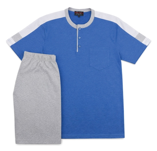 Men’s short cotton Henley pajamas blue grey F&H 3725MR 2
