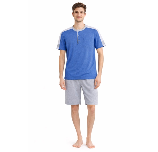 Men’s short cotton Henley pajamas blue grey F&H 3725MR
