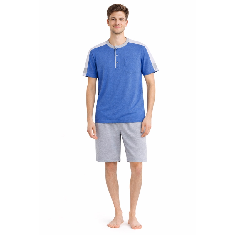 Pigiama uomo corto cotone serafino blu e grigio F&H 3725MR