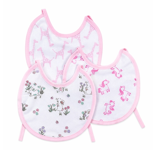 Baby bibs cotton set of 3 soft with ties pink patterns