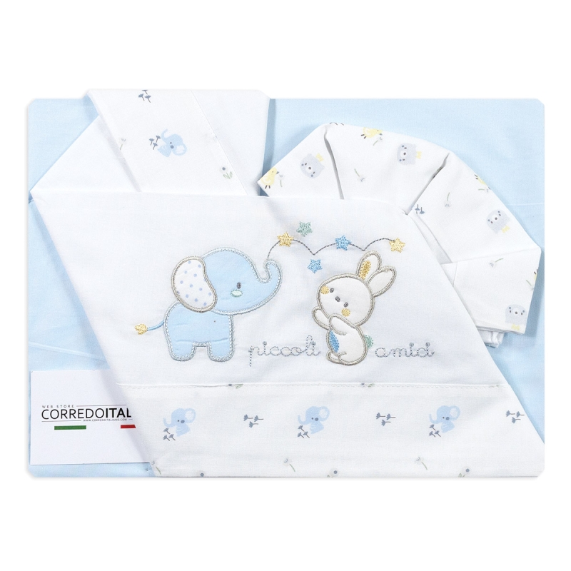 Lenzuola neonato cotone ricamate set con elefantino e coniglietto