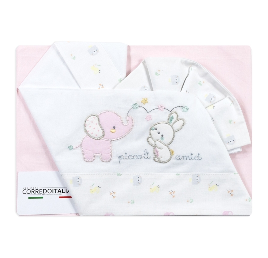 Lenzuola neonato cotone ricamate set con elefantino e coniglietto 2