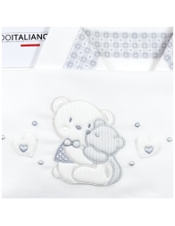 Corredino neonato culletta: lenzuola in cotone bianco con bordure grigie e orsetti ricamati