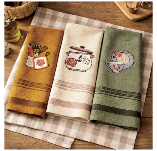 Embroidered cotton dish towels set of 3 kitchen colors