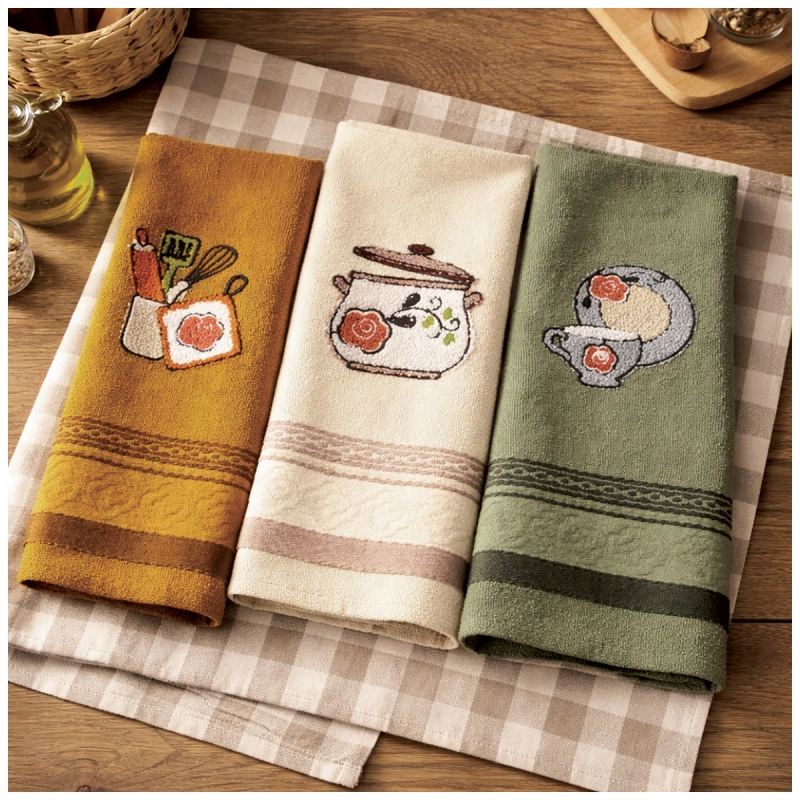 Embroidered cotton dish towels set of 3 kitchen colors