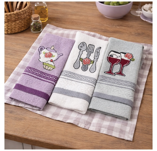 Set of 3 embroidered terry cloths - Damasco - Vingi