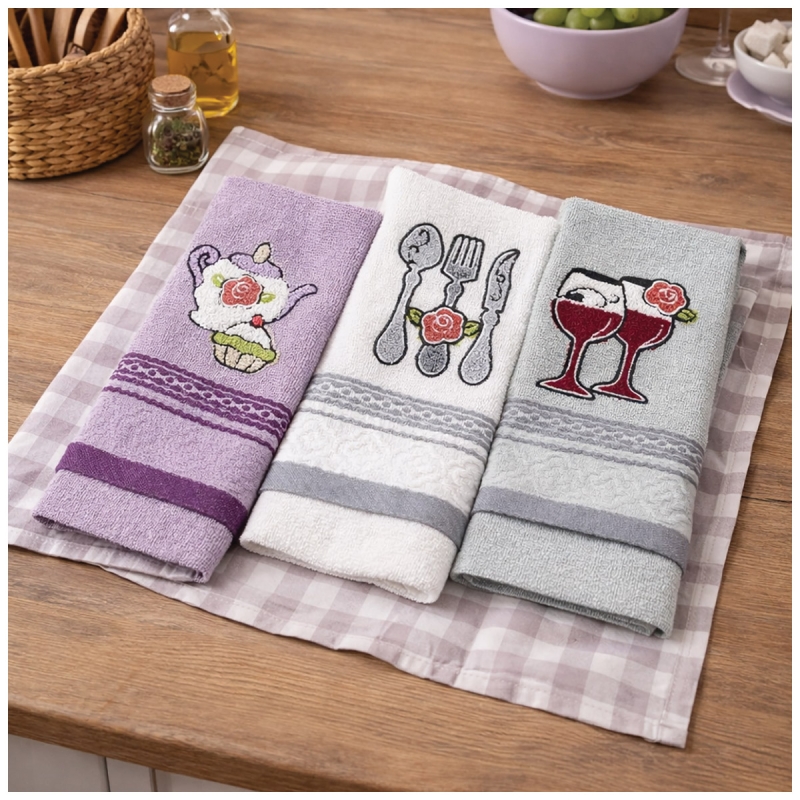 Set of 3 embroidered terry cloths - Damasco - Vingi