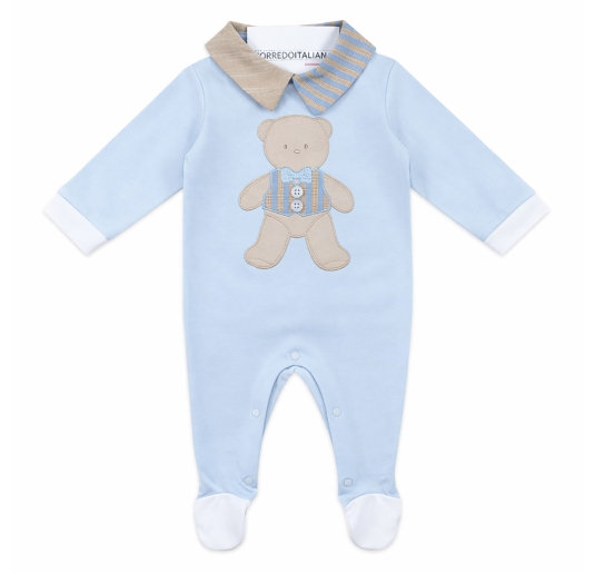 Baby cotton onesie with embroidered teddy bear light blue Nazareno Gabrielli
