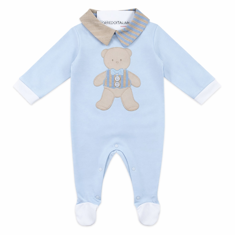 Baby cotton onesie with embroidered teddy bear light blue Nazareno Gabrielli