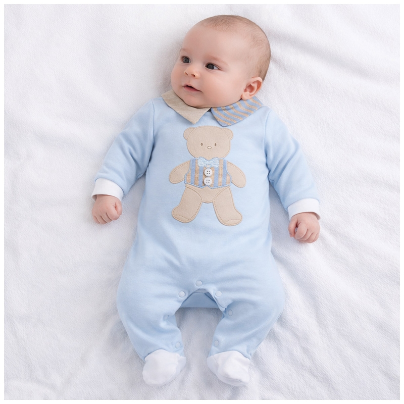 Tutina neonato cotone azzurra con colletto e orsetto ricamato frontale