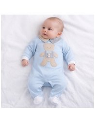 Tutina neonato cotone azzurra con colletto e orsetto ricamato frontale