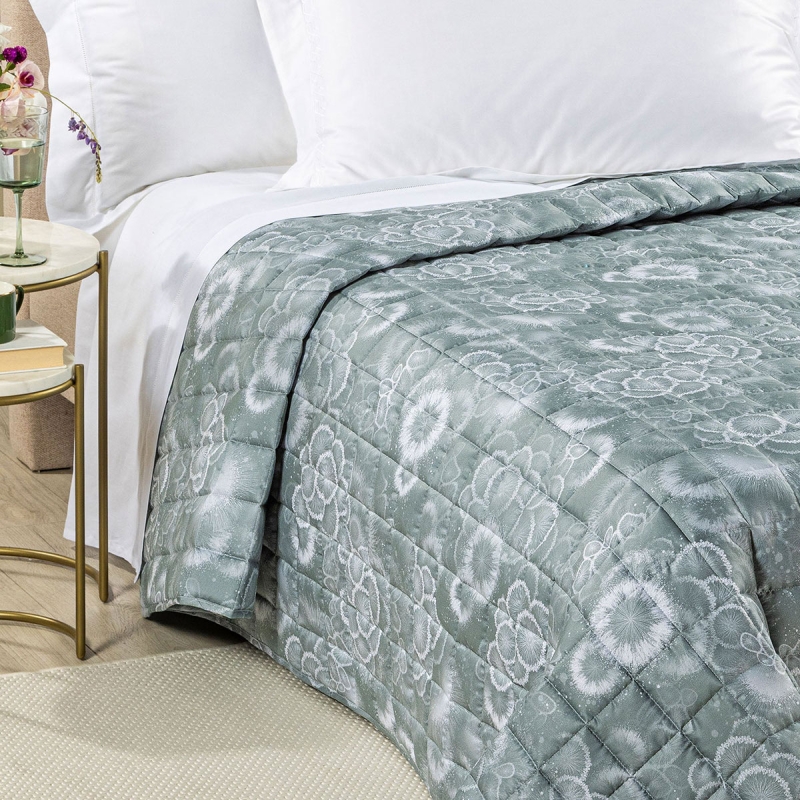 quilted double bedspread grey floral pattern satin finish