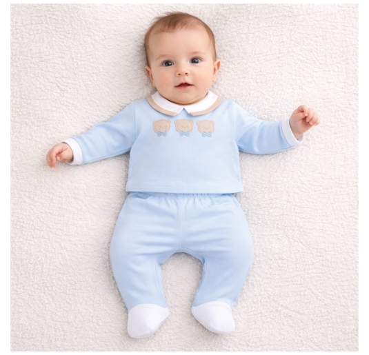 Newborn two-piece outfit in embroidered cotton Les Jolies light blue 2