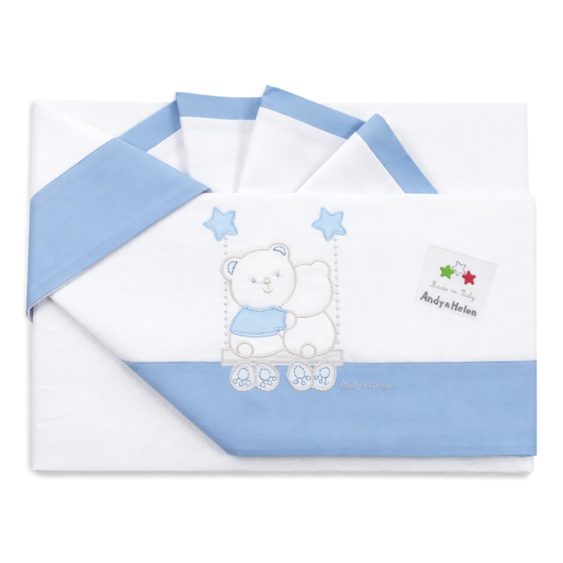 Baby sheet set Next to Me cotton with blue teddy bear embroidery