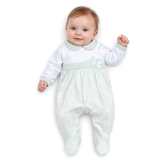 Baby girl cotton sleepsuit Les Jolies with embroidery and green collar 2