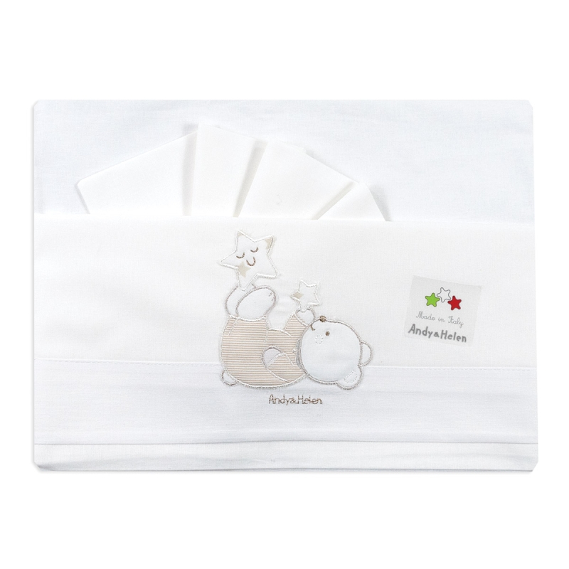 Maxi cradle baby sheets in white cotton with teddy bear embroidery Andy & Helen
