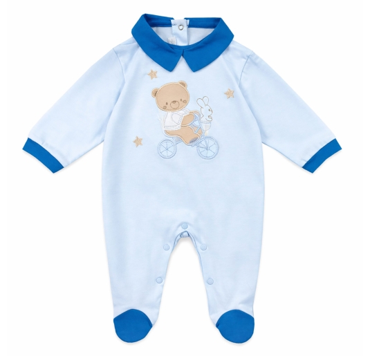 Baby romper cotton light blue with teddy bear bicycle embroidery