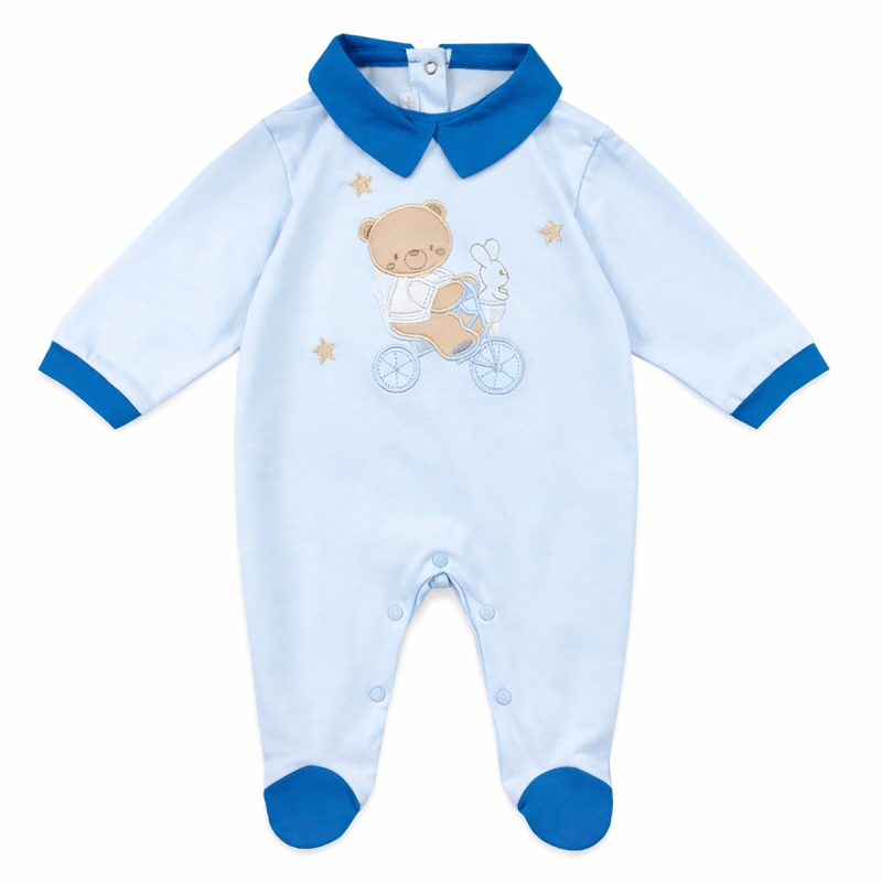 Tutina neonato cotone azzurro con ricamo orsetto su bicicletta