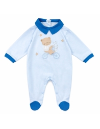 Tutina neonato cotone azzurro con ricamo orsetto su bicicletta