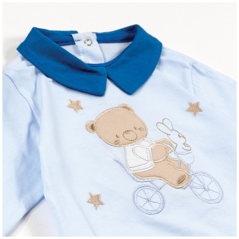 Tutina neonato cotone leggero con colletto blu e ricamo centrale