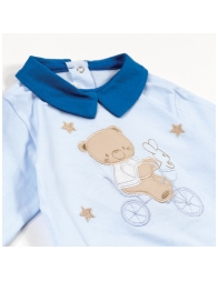 Tutina neonato cotone leggero con colletto blu e ricamo centrale