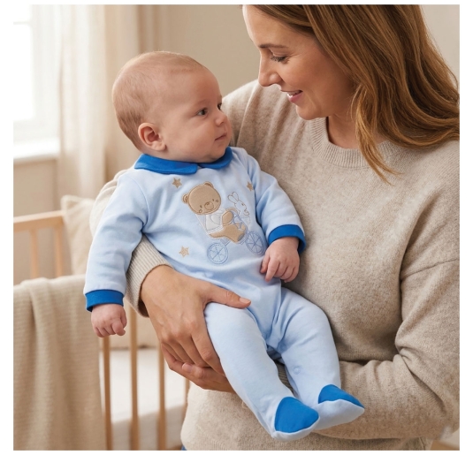 Tutina neonato cotone azzurro con ricamo orsetto su bicicletta 2