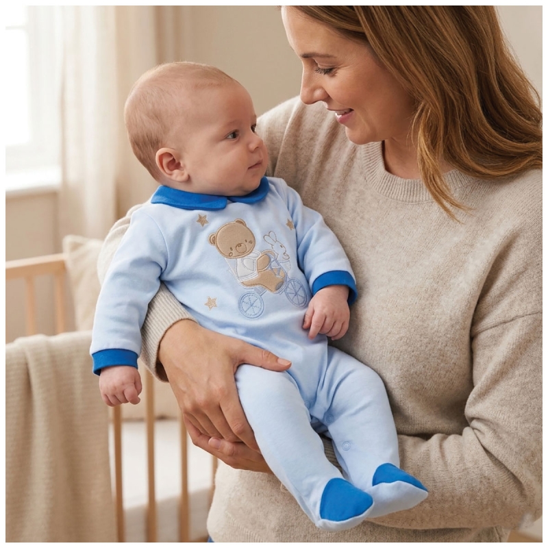 Baby romper cotton with blue collar and central embroidery